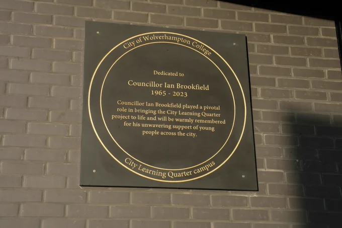 The new plaque at the City Learning Quarter college campus dedicated to the late Cllr Ian Brookfield, former Leader of City of Wolverhampton Council.