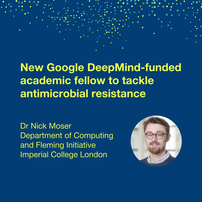A graphic with a dark blue background and a pattern of small green and yellow dots scattered across the top. Large yellow text reads: “New Google DeepMind-funded academic fellow to tackle antimicrobial resistance.” Below it is more yellow text listing a department and institution. On the right side is a circular photo of a person with short hair, glasses, and a trimmed beard, smiling slightly in front of a blurred indoor background.
