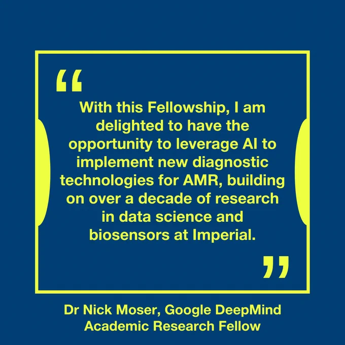 A graphic with a dark blue background and a yellow rectangular border. Inside the border is a large quotation mark icon and yellow text that reads: “With this Fellowship, I am delighted to have the opportunity to leverage AI to implement new diagnostic technologies for AMR, building on over a decade of research in data science and biosensors at Imperial.” Beneath the bordered quote is additional yellow text stating the speaker’s role and affiliation. No other imagery is present.