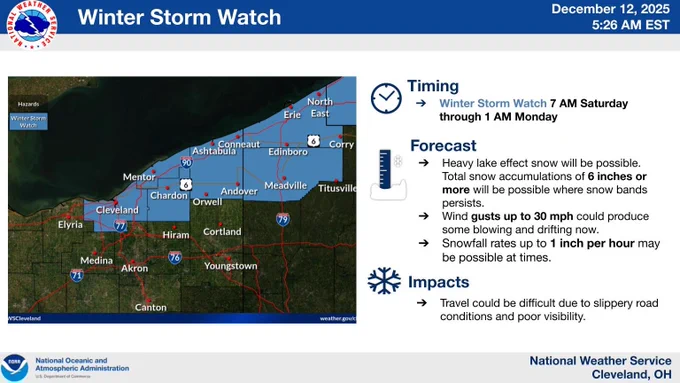 Map showing a Winter Storm Watch across Northeast Ohio and Northwest Pennsylvania Saturday morning through early Monday.
