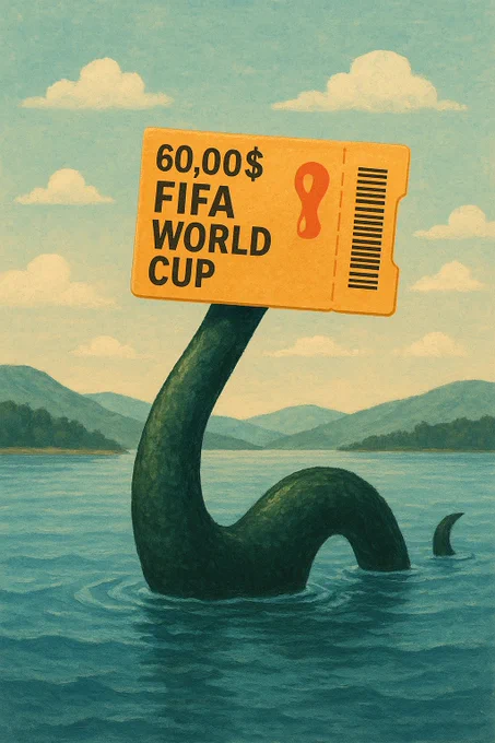 Illustration of a sea-monster-like creature rising from a calm lake, holding up an oversized yellow ticket that reads “60,00$ FIFA World Cup” with a barcode and a red tournament icon. The creature’s long, green, scaly neck curves out of the water, with another part of its body visible in the background. Mountains and clouds frame the scene, giving the image a surreal, humorous commentary on expensive World Cup tickets.