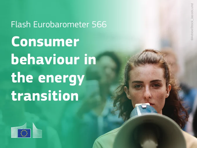 Flash Eurobarometer 566 - consumer behaviour in the energy transition. Green shade on left side of the photo, on the right a young woman with a megaphone in front of her.