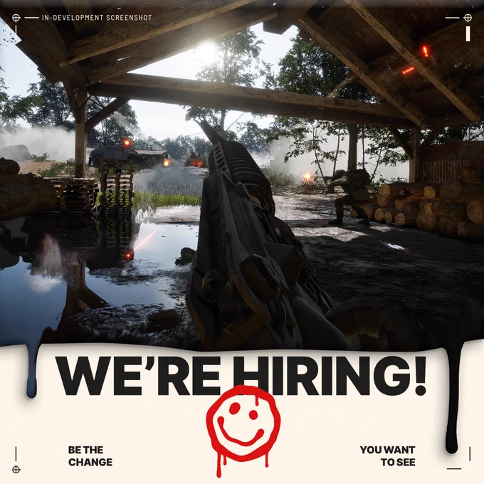 In-game/in-development screenshot from WARDOGS with the branded recruitment message, studio logo and slogan below.