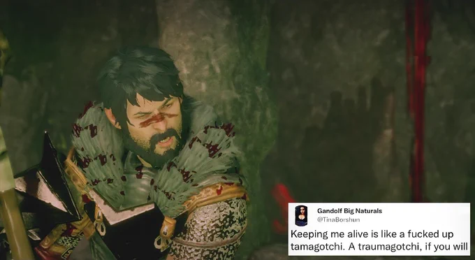 An image of Hawke. The text reads 'Keeping me alive is like a fucked up tamagotchi. A traumagotchi, if you will'.