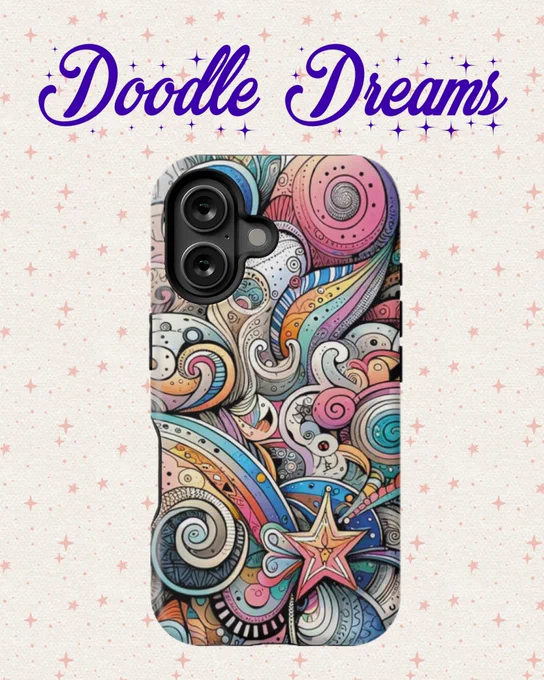 A colorful phone case featuring an intricate doodle pattern with swirling shapes, curved lines and soft pastel tones in pink, blue, yellow and turquoise. A small star sits near the bottom center. The phone case is shown on a light background with tiny star motifs and the title Doodle Dreams above it in purple script.