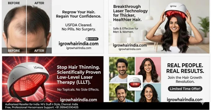 World's 1st USFDA 510k Cleared iGrow Laser Hair-Growth System: Researched, Clinically Proven. 

Successfully used in all top Clinics and Derma Centres across India. Visible Results in ~ 4 months.

Free Professional, Personalised Haircare Advisory Support from Stuff n Style, Chennai. India. Ph:  919940390405

Website: http://www.igrowhairindia.com 