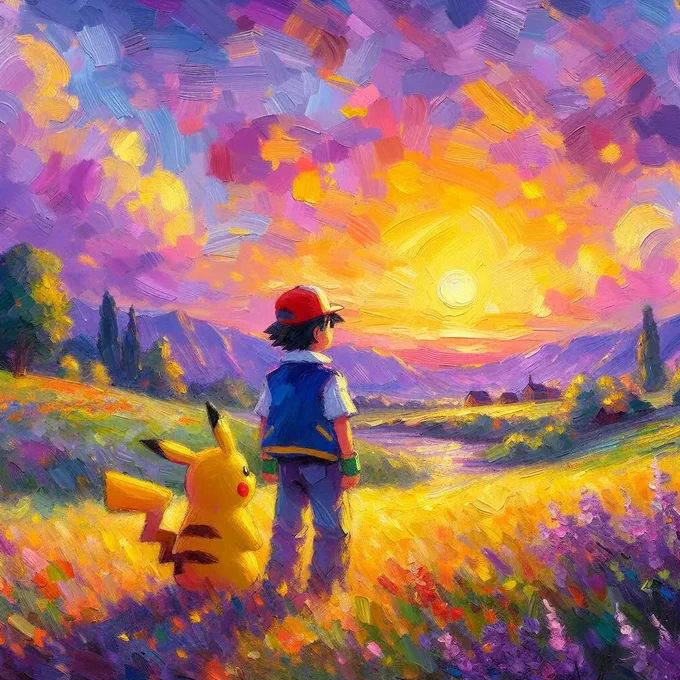 Ash and Pikachu, sunset in the countryside, purple and pink colour scheme, by Berthe Morisot, Impressionism, impasto, bold strokes