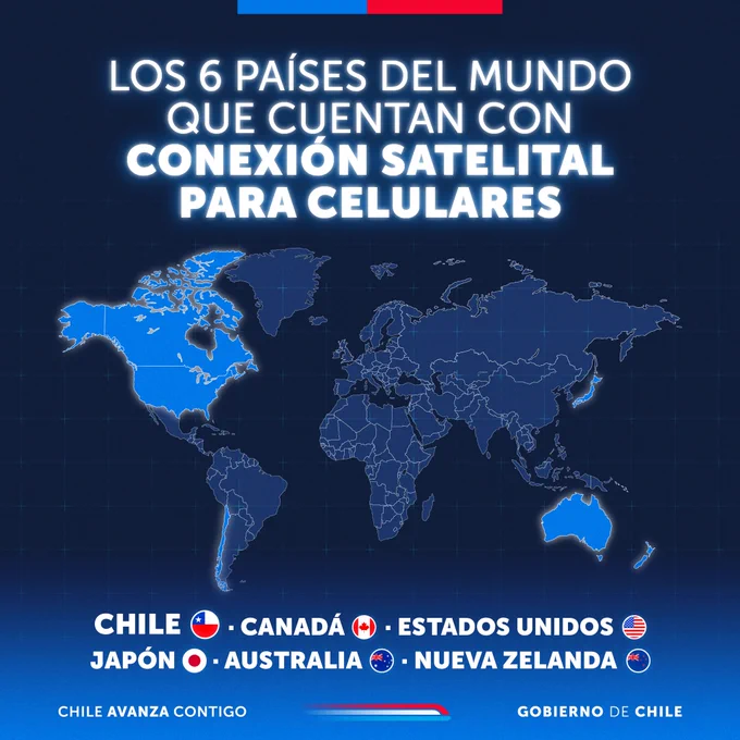 Los 6 países del mundo que cuentan con conexión satelital para celulares

-Chile
-Canadá
-Estados Unidos
-Japón
-Australia
-Nueva Zelanda