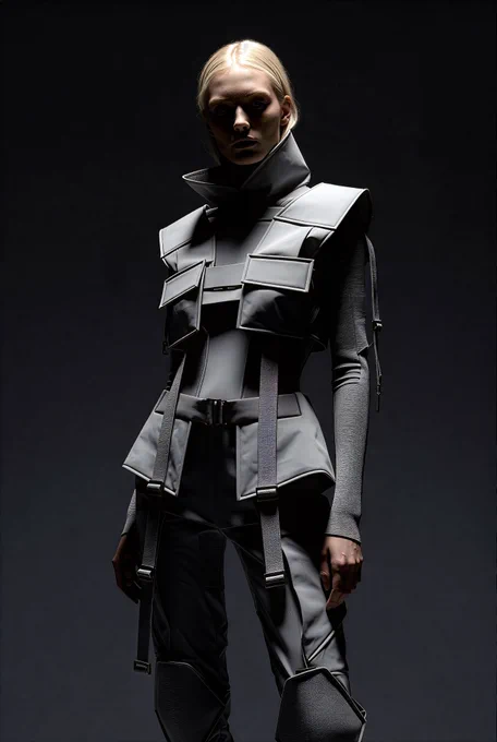 Portrait of a young blonde woman with sharp features and intense gaze, standing against a dark studio background. She wears a futuristic grey tactical outfit: high-collared jacket, multiple utility pockets, wide straps and buckles across the chest, fitted long-sleeve base layer, and matching tactical pants with knee pads, standing in dramatic low-key studio lighting against a dark gradient background. The monochrome grey tones and dramatic rim lighting give a minimalist, high-fashion cyberpunk aesthetic. Full-body vertical shot, ultra-realistic fashion photography.