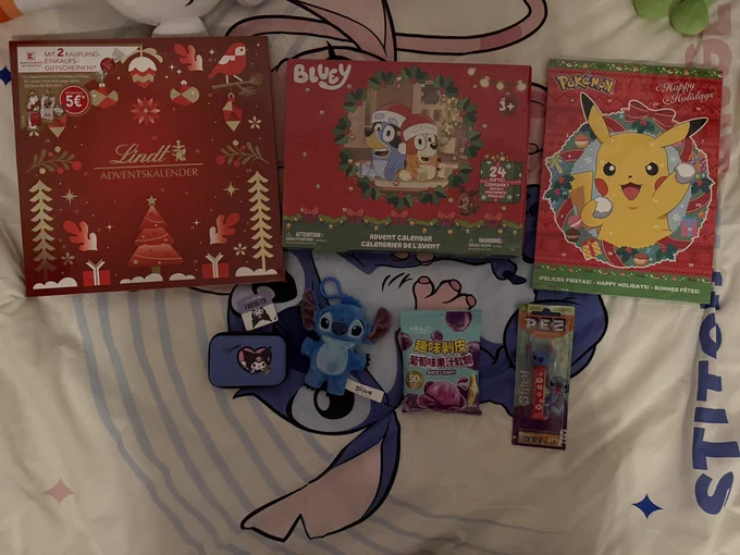 Well.. I’m not gonna do some of Snowember 2025 artworks anyway because i’m too tired and being lazy nowadays… I Hope you understand…

Today.. I got 3 of Advent calendar boxes including Lindt, Bluey and Pokémon (between 2 of chocolates boxes and figure boxes)

Plus in the bonus item that I also got a Stitch plush keychain, A Kuromi storage case, A Chinese juice candy and a Stitch PEZ candy toy for early Christmas 2025. 

Tomorrow is December 2025 would be coming soon. 🎅🎄☃️❄️🌨️🥶🦌🎁✨