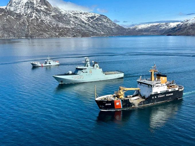 The USCGC Sycamore (WLB 209) crew participates in a navigation exercise with a HDMS Knud Rasmussen (P570), a Royal Danish Navy Knud Rasmussen-class patrol vessel and the FNS Fulmar (P740), a French Navy patrol vessel, off the coast of Southern Greenland, June 13, 2023. Deployed forces demonstrated U.S. Coast Guard capabilities to build partner capacity and expertise in search and rescue, navigation, and damage control. These efforts solidify key strategic relationships while achieving mutual Danish, Greenlandic, and U.S. goals in the North American Atlantic Arctic and Northwest Atlantic Ocean. (U.S. Coast Guard photo by Lt. Cmdr. Katherine Blue)