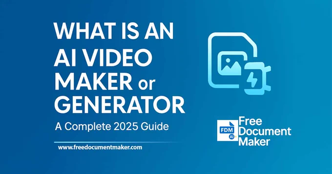 Blue gradient banner titled “What Is an AI Video Maker or Generator? A Complete 2025 Guide” with the Free Document Maker logo on the right.
