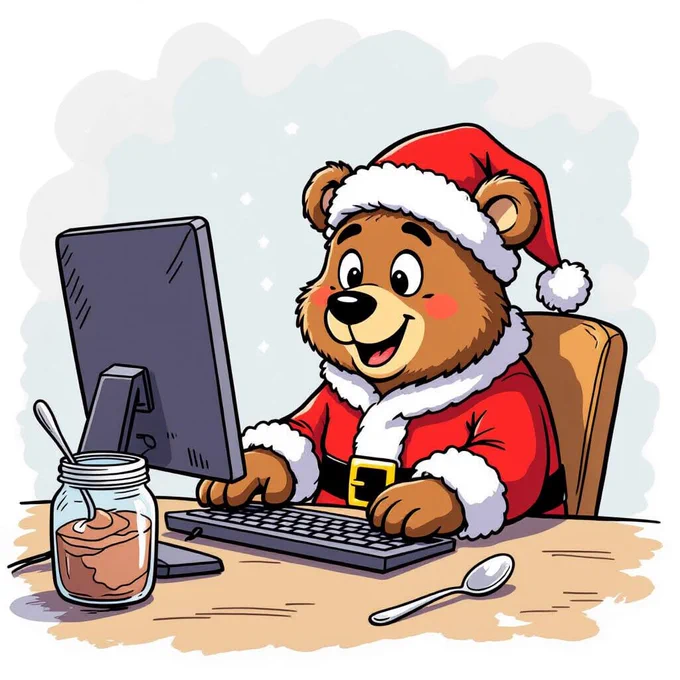 A cartoon of a happy bear dressed like Santa typing at a computer with a mason jar filled with chocolate mousse and a spoon nearby  on his desk.