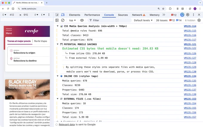 A browser window showing the Renfe website on the left with a mobile-style layout, including a menu button, the Renfe logo, travel selection fields, and a Black Friday banner. On the right, Chrome DevTools is open to the Console tab, displaying a CSS Media Queries Analysis report. The report lists totals for media queries, classes, and properties, highlights estimated mobile CSS savings of 284.83 KB, and breaks down inline and external CSS statistics.
