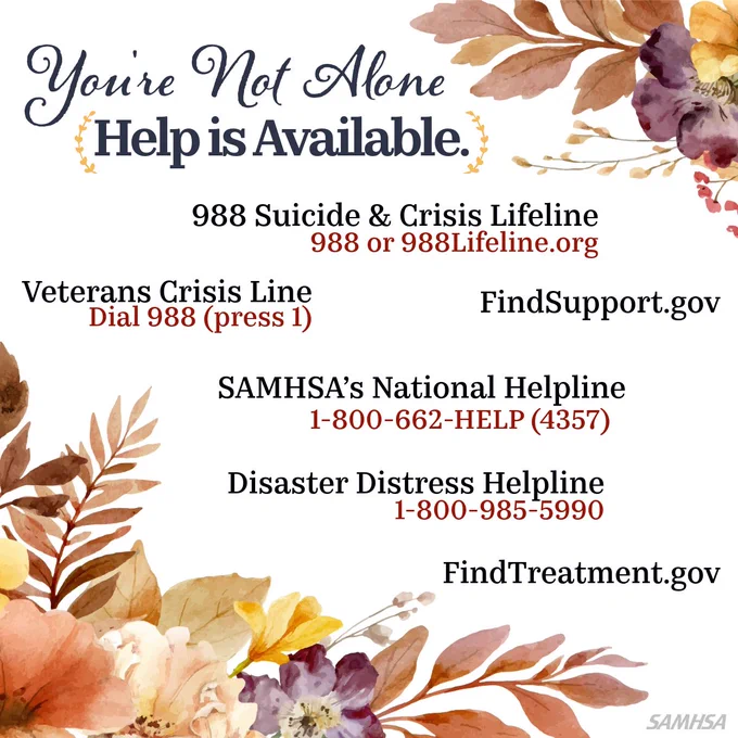Autumn floral watercolor design. 'You're Not Alone, Help is Available.' Lists: 988 Suicide & Crisis Lifeline; Veterans Crisis Line; SAMHSA’s National Helpline; Disaster Distress Helpline; Find Support; Find Treatment