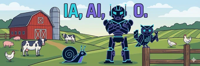 Intelligence Augmentation (IA) to Artificial Intelligence (AI) to the Singularity (O)

Sung like Old MacDonald's Farm - EIEIO

The image has the CrowdCent mascots all on a farm