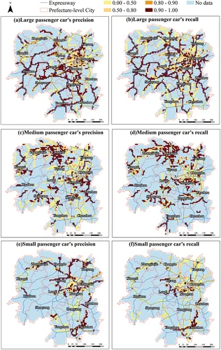 Figure 10. Spatial distribution map of vehicle classification precision (case study 2: large, medium, and small passenger cars).

