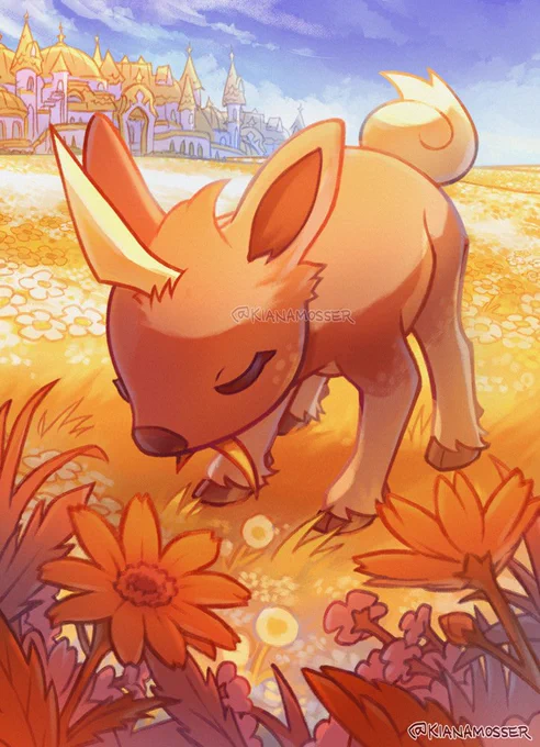 Flauna, a deer-like MoN from Monsterpatch, eating grass in a golden field filled with flowers. Off in the distance, Marigold City can be seen.