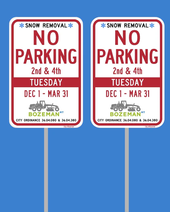 Two red and white signs with icons of snowflakes and snowplow. One sign reads Snow Removal No Parking 1st & 3rd Tuesday Dec 1 - Mar 31. The other reads Snow Removal No Parking 2nd and 4th Tuesday Dec 1 - Mar 31.