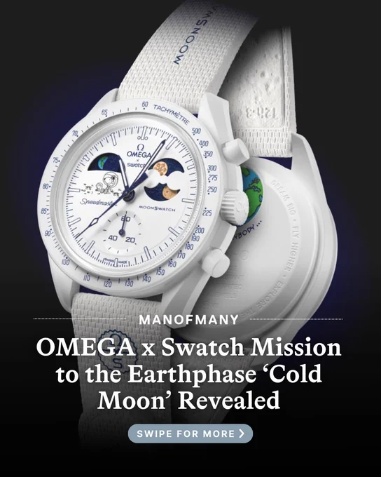 White Omega x Swatch Mission to the Earthphase 'Cold Moon' watch with moon and earth-themed dial, featured in Man of Many article.