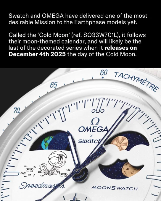 Swatch and OMEGA's "Cold Moon" watch features a moon-themed design, releasing December 4, 2025.