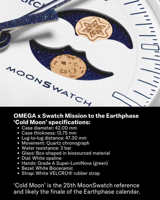 Close-up of the OMEGA x Swatch Mission to the Earthphase 'Cold Moon' watch face, showcasing the moonphase dial with celestial motifs. Text below details specifications like size, weight, and materials.