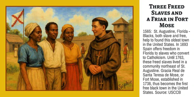 On the left, a painted scene shows three formerly enslaved Black men and women standing together outside the wooden buildings of Fort Mose. They wear simple 18th-century clothing and smile warmly as they speak with a Spanish friar dressed in a brown habit and small circular tonsure. Behind them, a lookout tower rises above the settlement and a white Spanish colonial flag with a red cross of Burgundy waves in the breeze. On the right, text reads: “Three Freed Slaves and a Friar in Fort Mose,” followed by a short historical summary noting that St. Augustine’s early Black community of free and enslaved people helped found the town, and that Fort Mose (1738) became the first free Black settlement in what is now the United States. The attribution at the bottom reads: “Source: USCCB.”