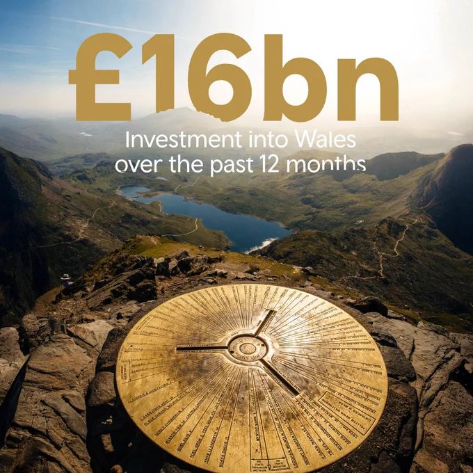 An image looking out from the summit of Snowdon with the text £16 billion investment into Wales over the past 12 months at the top.