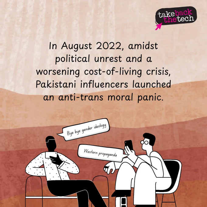  Illustration of two figures having a conversation. One says: Bye bye gender ideology. The other, while looking at their phone, says: Western propaganda. Text: In August 2022, amidst political unrest and a worsening cost-of-living crisis, Pakistani influencers launched an anti-trans moral panic.