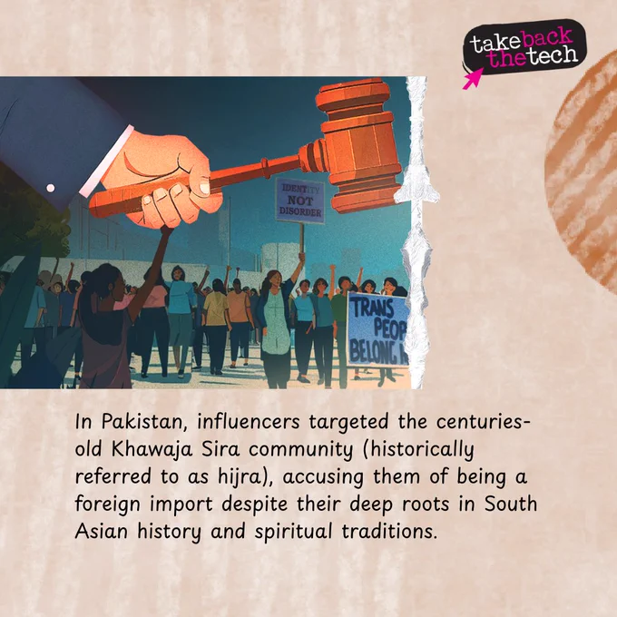 An illustration of a group of people in a pro-trans protest while a large hand with a hammer comes down on them. Text: In Pakistan, influencers targeted the centuries-old Khawaja Sira community (historically referred to as hijra), accusing them of being a foreign import despite their deep roots in South Asian history and spiritual traditions.