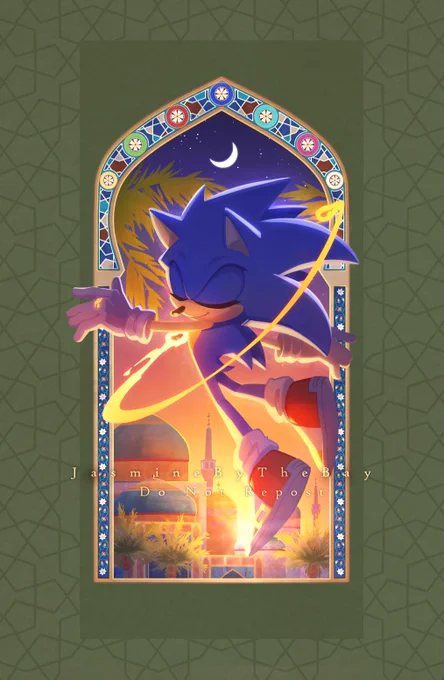 Art of Sonic from Sonic and the Secret Rings. 
Sonic does a lazy pirouette without a care in the world. He holds his arms out to show off Shahra's ring, which glows gently on his hand, and he wears a soft smile with his eyes closed. The flame on his chest trails behind him, circling him a gentle flame.
He dances in front of a domed tiled doorway with intricate floral patterns against blue climbing the sides and geometric mosaics of the seven world rings on the dome. The doorway itself displays a vibrant Persian city, with blue domed mosques, minarets, iwans, and date palms decorating the skyline. The sun is setting, casting both Sonic and the city is a golden light as the stars and crescent moon start emerging. The doorway stands alone, overlaid on top of an earthy green girih pattern.