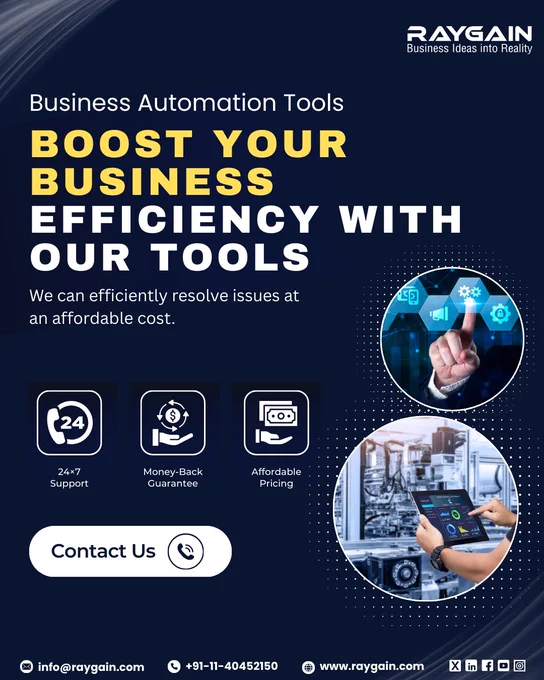 “Raygain Business Automation Tools promotional graphic showcasing workflow automation, affordable pricing, AI-powered automation features, 24×7 support, money-back guarantee, and smart factory dashboard for business efficiency improvement.”