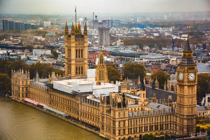 An aerial view of Big Ben and the Houses of Parliament