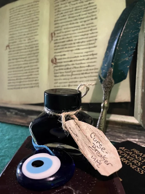 a bottle of ink and feather pen with a medieval page of writing