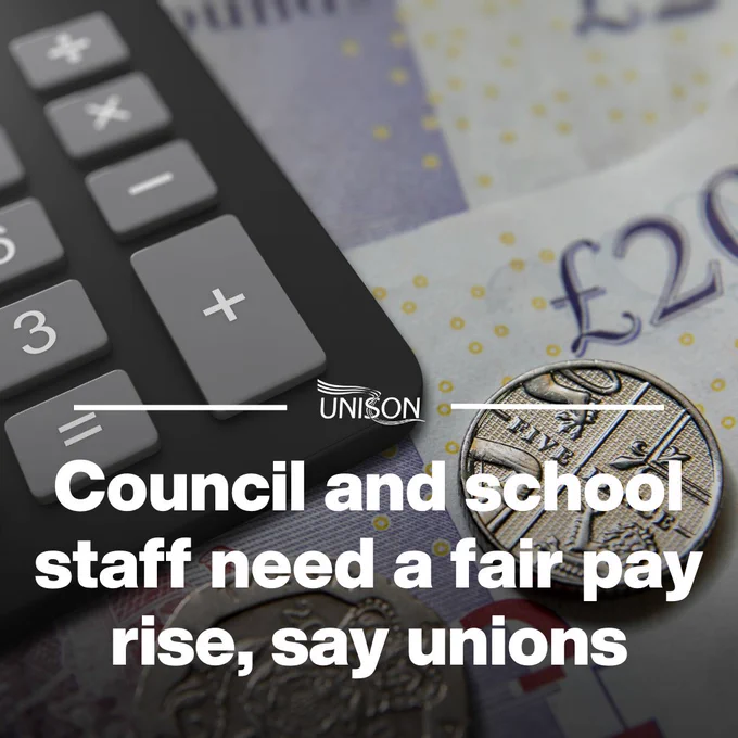 Council and school staff need a fair pay rise, say unions. Background image of money and a calculator.