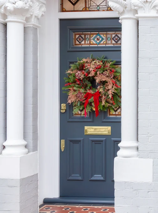 Banham Blue Front Door with Polished Brass Locks and Glass Panels in London.  Security, elegance and craftsmanship. 