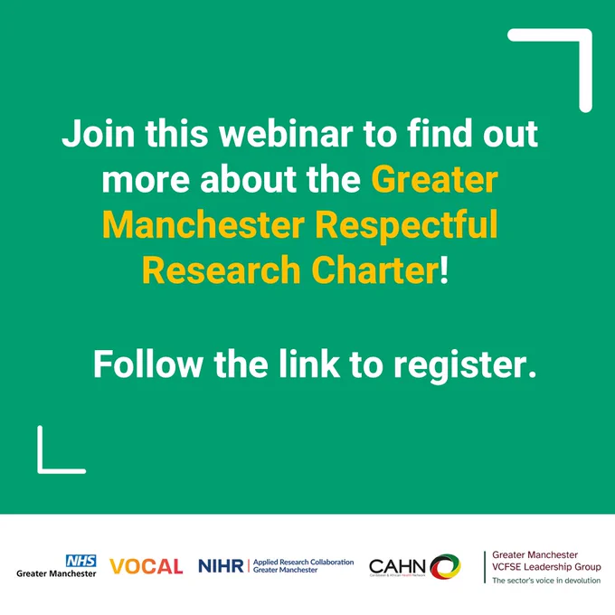 Webinar invitation graphic about the Greater Manchester Respectful Research Charter, with registration details included.