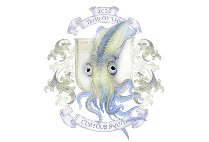 A painting of a curious squid by Paul Kidby