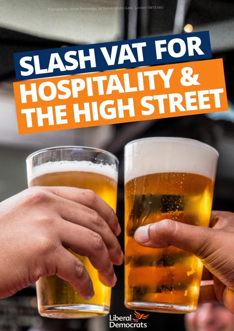 IMAGE: TWO PEOPLE DOING CHEERS WITH TWO BEER PINTS. 

TEXT: SLASH VAT FOR HOSPITALITY AND THE HIGH STREET  