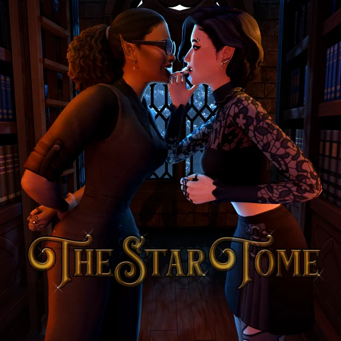 Standing in a library at night, flirtatiously leaning in to offer their love interest a mirror through their glasses reflection for touching up their makeup.