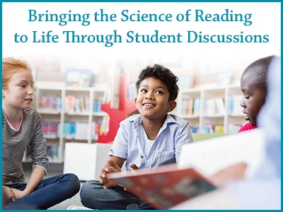 Three students sitting in a library engaged in a group discussion about reading.