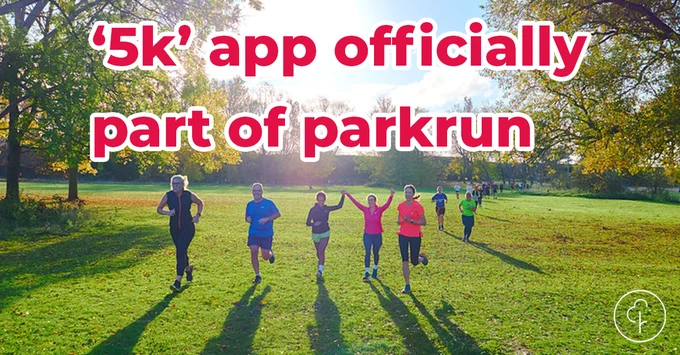 Image of group of parkrunners with the following text on top - '5k' app officially part of parkrun