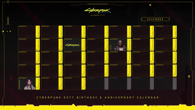 Text reads, “Cyberpunk 2077 Birthday & Anniversary Calendar”. The calendar shows the month of December with Cyberpunk 2077’s anniversary on December 10, Solomon Reed’s birthday on December 12th, and Songbird’s birthday on December 29th.