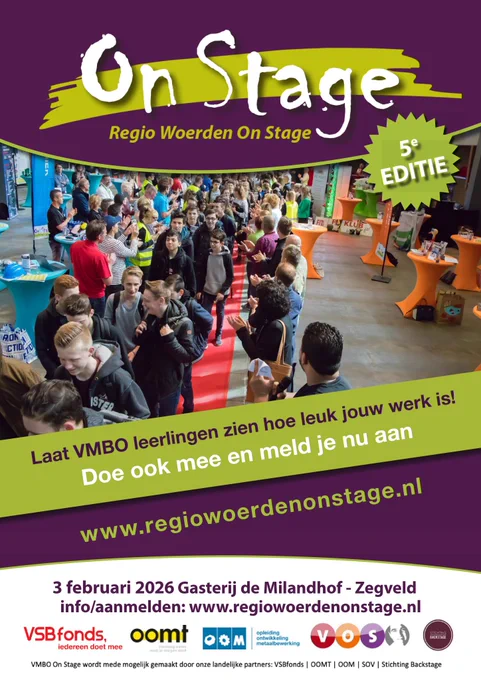 On Stage. Regio Woerden On Stage. 5e editie. Laat VMBO leerlingen zien hoe leuk jouw werk is! Doe ook mee en meld je nu aan. www.regiowoerdenonstage.nl. 3 februari 2026, Gasterij de Milandhof - Zegveld. Info/aanmelden: www.regiowoerdenonstage.nl