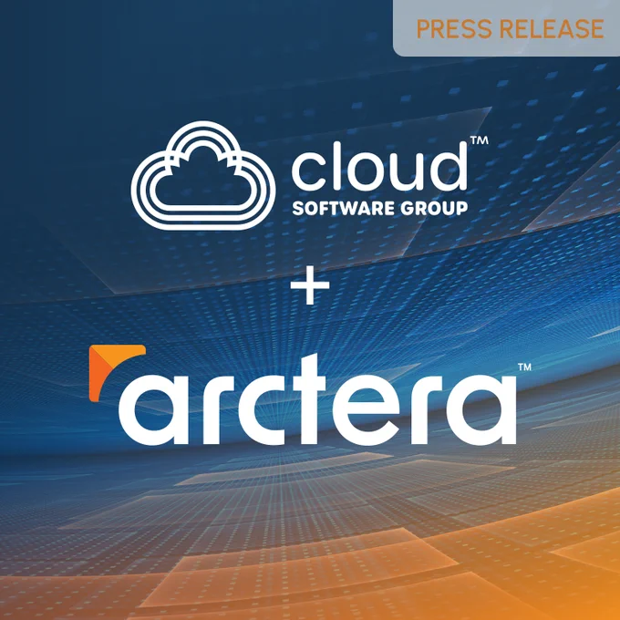 Press release image featuring logos of Cloud Software Group and Arctera, indicating a partnership or collaboration between the two companies, set against a digital blue background.