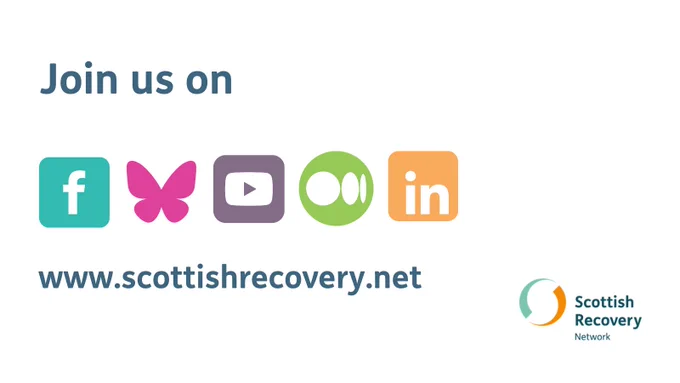 Text reads "Join us on". Underneath  is a row of icons: Facebook, Bluesky, YouTube, Medium and LinkedIn. Underneath the icons is the website address www.scottishrecovery.net. The Scottish Recovery Network logo sits on the bottom righthand corner of the graphic.