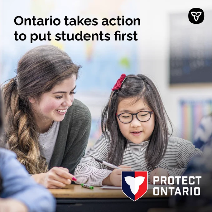 A teacher assisting a young student with an assignment. Text reads: Ontario takes action to put students first