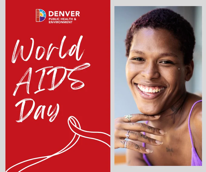 Promotional image for World AIDS Day by Denver Public Health & Environment featuring a joyful individual with a broad smile, wearing a purple top.