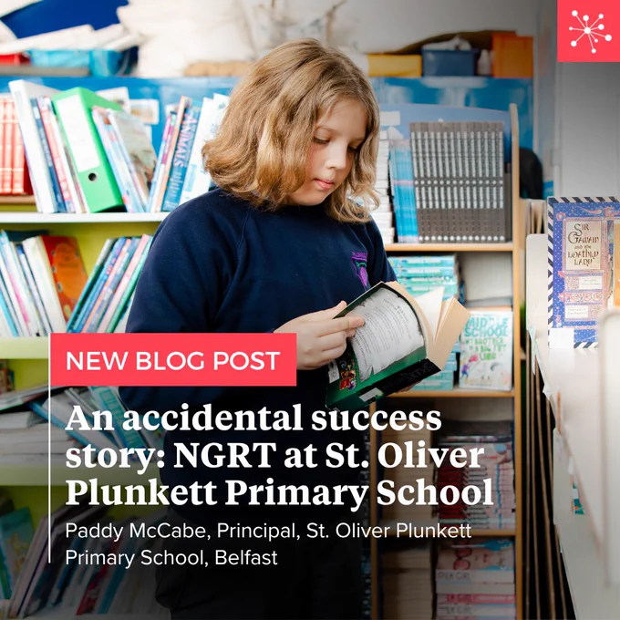 Child reading a book in the library at St. Oliver Plunkett Primary School, with a promotional overlay about a new blog post titled 'An accident at St. Oliver Plunkett Primary School.'