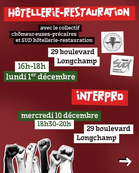Hôtellerie-restauration : lundi 1er décembre 16h-18h au 29 boulevard Longchamp. Interpro : mercredi 10 décembre 18h30-20h au 29 boulevard Longchamp.